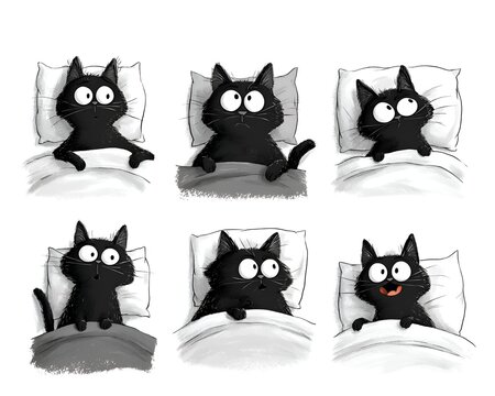 Black cartoon cat lying in bed under blanket with big eyes looking awake and sleepy in six different animated expressions in the morning.