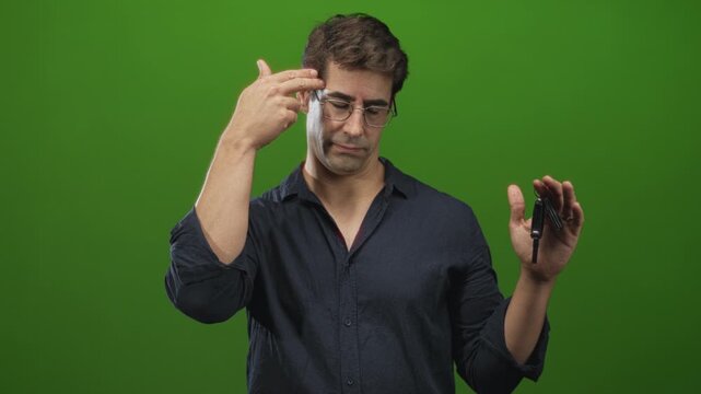 Man holding car keys points finger to temple while wearing glasses and dark shirt in studio green screen; frustration choice.