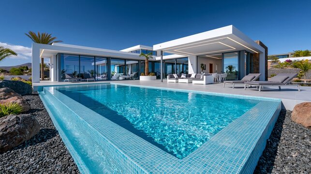 Modernes Ferienhaus mit gro&szlig;em Pool, wei&szlig;er Fassade, unter strahlend blauem Himmel.