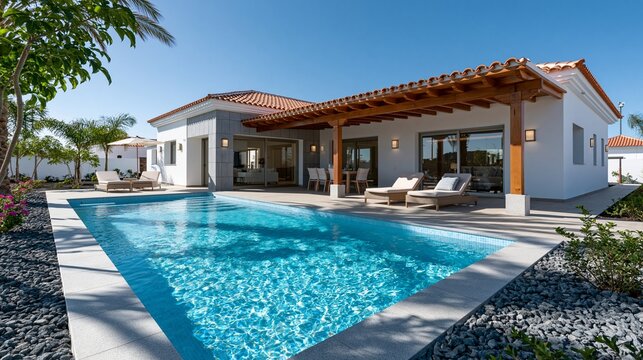 Modernes Ferienhaus mit gro&szlig;em Pool, wei&szlig;er Fassade, unter strahlend blauem Himmel.