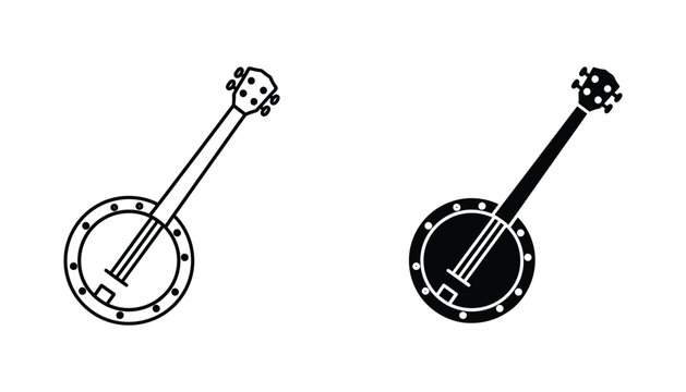 Banjo musical instrument icon set displaying outline and solid black vector silhouettes isolated on white background for music education and entertainment branding
