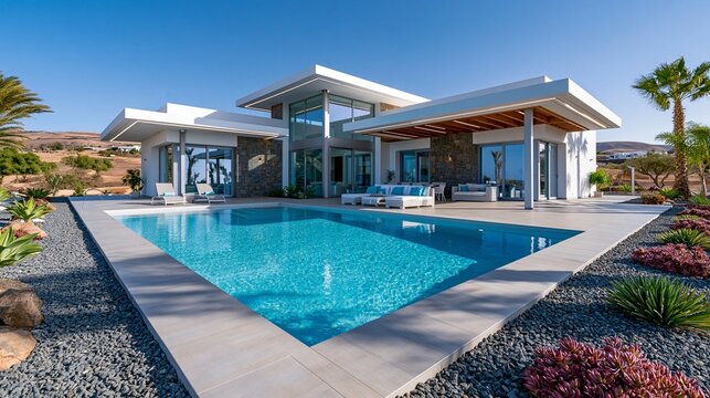 Modernes Ferienhaus mit gro&szlig;em Pool, wei&szlig;er Fassade, unter strahlend blauem Himmel.