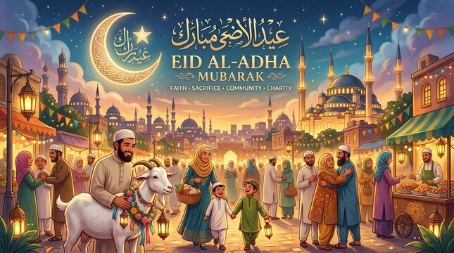  Eid al-Adha Festival Market Scene with Mosque Skyline at Night
