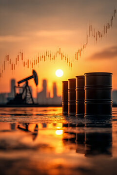 Oil barrels stand near a pumpjack silhouette with a stock market chart overlay at sunset, representing crude oil extraction and energy market analysis