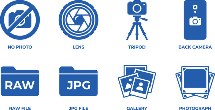 Photography icon set. no photo, lens, tripod and back camera. raw file, jpg file, gallery and photograph.