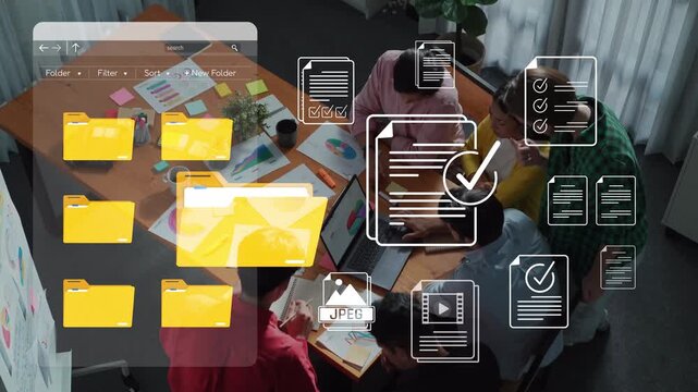 Collaborative Team Meeting with Digital Documents and Graphics for Effective Project Management and Planning in Modern Workspace Setting Sigmoid