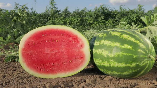 Close-up of ripe sliced watermelon with visible seeds, juicy red flesh and green rind, fresh organic summer fruit in agricultural field