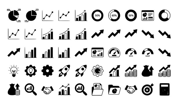 Financial reporting infographic icon collection with pie charts bar graphs and business statistics vector design