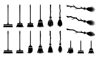 Broom icon collection with magic broomstick silhouettes and cleaning symbols vector illustration © MdShakil