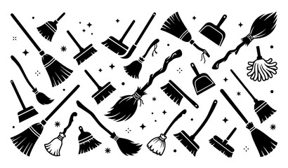 Black broom silhouette collection with magic witch broom icons vector illustration set © MdShakil