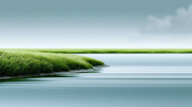 Eine minimalistische digitale Illustration eines ruhigen Sees neben einem gr&uuml;nen Grasfeld unter hellblauem Himmel.