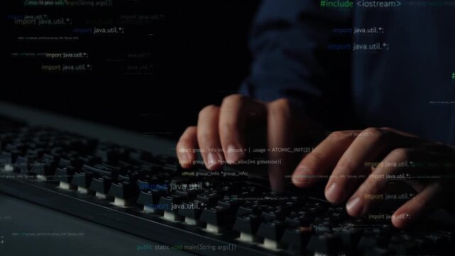Focused hands typing on a keyboard surrounded by floating programming code, representing the world of software development in a dark, modern environment. Xenic
