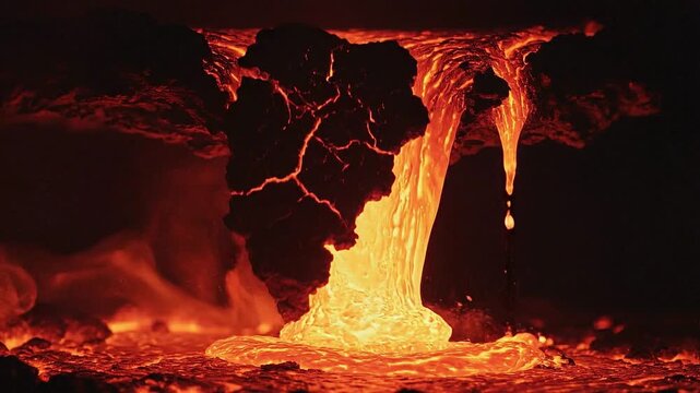 Erupting volcano spews molten lava into the dark night creating a mesmerizing video