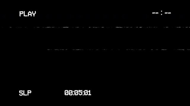 Retro vhs playing with play, timecode, and static lines effect. Vhs interface on black background. 
