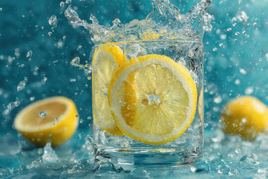 Lemon slices and Refreshing water with Citrus splash on a Blue background for a Summer drink