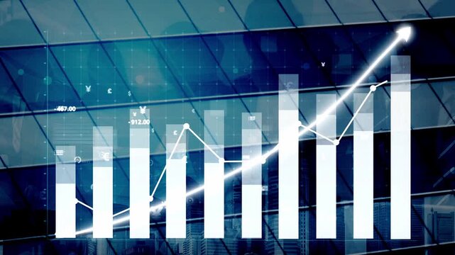 This image illustrates an abstract financial growth chart with an upward trend set against a modern city skyline, perfect for topics on investment and analytics. Copula