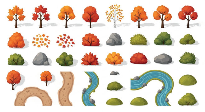 Autumn nature landscape elements vector set, orange fall trees and green bushes collection, river and path map assets for game design