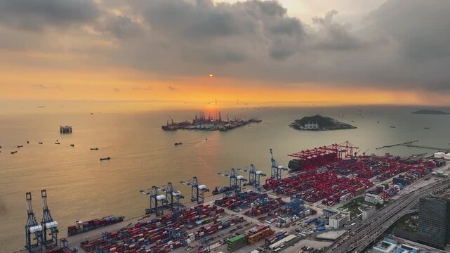 Aerial View of Busy Container Port at Sunset