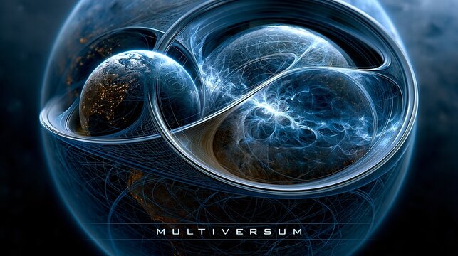 Zwei ineinander verwobene Planeten mit Fraktalstrukturen schweben im Weltraum mit dem Schriftzug &bdquo;Multiversum".