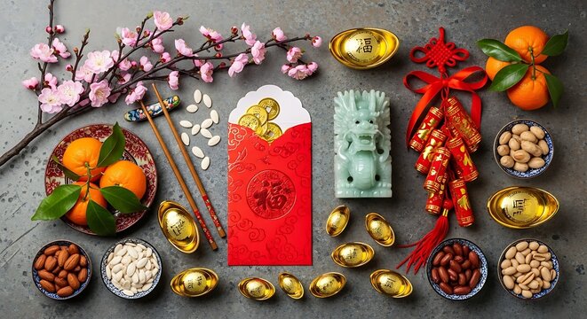 Festive Chinese New Year Table Arrangement with Oranges and Flowers