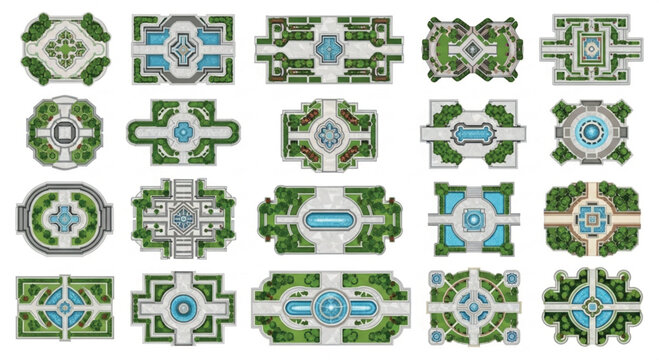 Formal garden landscape design set, 20 top view park map elements with fountains and hedges, architectural site plan vector icons for urban planning