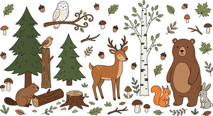Naklejka premium Large Woodland Animal Icon Set with Bear, Deer, Owl, and Squirrel for Nature Inspired Children’s Prints, Educational Projects, Forest Themed Decor, and Autumn Season Stationery.