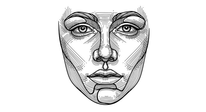 Intricate line art illustration of a human face on white background