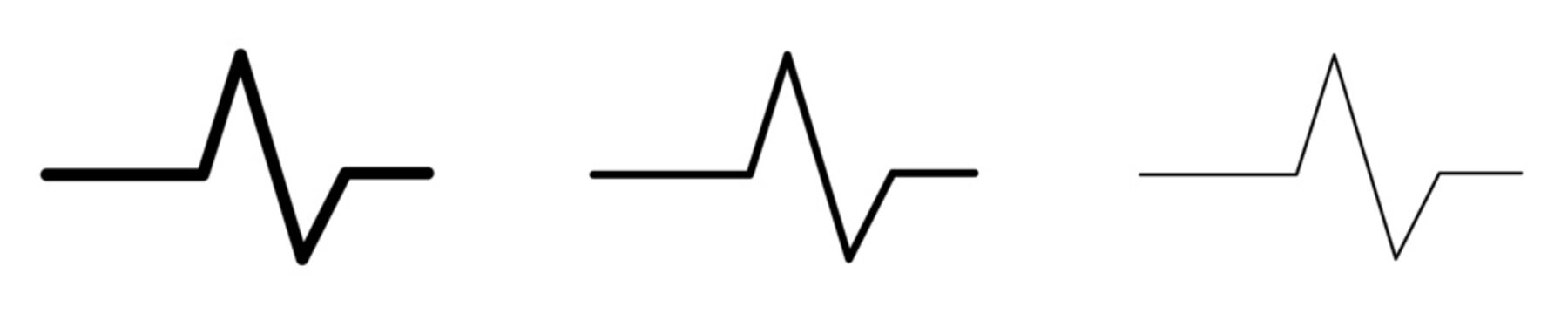 A set of linear electrocardiogram graph icons showing heart rhythm. Symbol of medical monitoring, health diagnostics, and cardiology. Vector illustration.