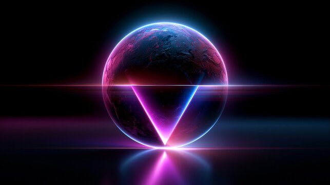 Ein leuchtender Kreis mit einem nach unten zeigenden Dreieck in Neonfarben Blau und Violett vor dunklem Hintergrund mit Spiegelung.