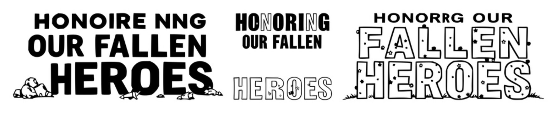 Military tribute design set with bold black line art featuring "HONORING OUR FALLEN HEROES" text, military icons, and remembrance themes with patriotism and valor