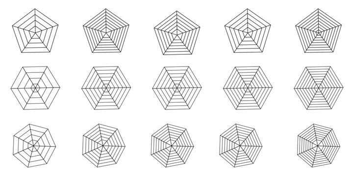 Pentagon and hexagon chart , for 5, 6, 7 point radar or spider diagrams. for visualizing data with structured graph approach. Flat vector illustration isolated on white background.