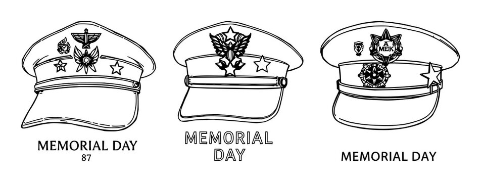 Veteran's service cap set with military pins and ribbons featuring Memorial Day text, historical badges, and symbolic embellishments with patriotic elements and honorific insignia