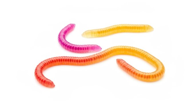 Colorful gummy worms, red, orange, pink, and yellow, on white background
