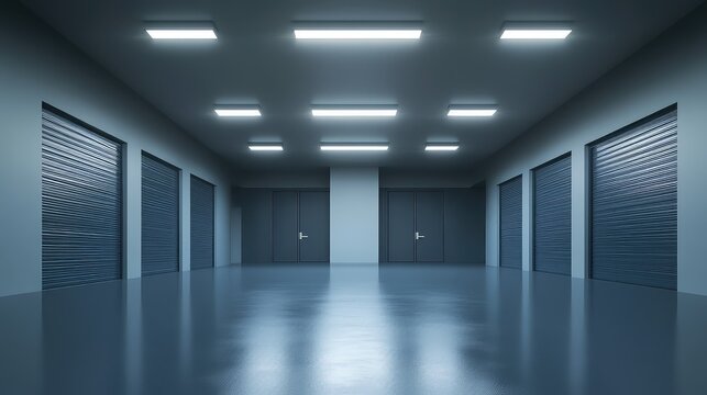 Empty self storage facility corridor with multiple closed roller doors and regular entry doors, illuminated by bright rectangular overhead lights, creating a clean industrial atmosphere