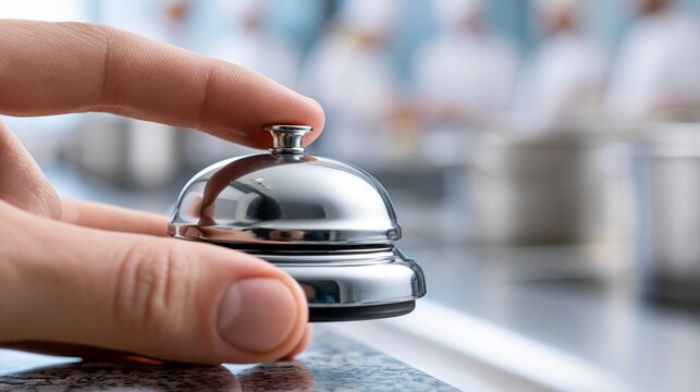 Eine Hand klingelt eine silberne Hotelglocke an einem Empfangstresen, im Hintergrund verschwommene K&ouml;che in wei&szlig;en Uniformen.