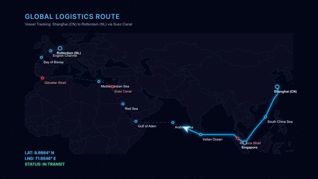 Global Logistics Shipping Route Animation from Shanghai to Rotterdam via Suez Canal for International Trade and Supply Chain Concept