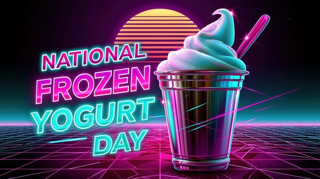 80s synthwave retro-futuristic illustration for "National Frozen Yogurt Day", neon glowing text in hot pink and cyan on deep purple gradient background