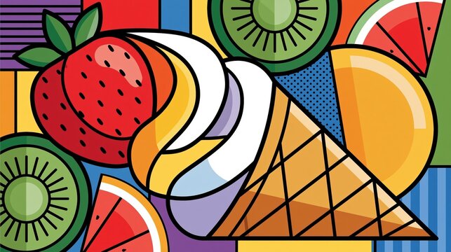 National Frozen Yogurt Day: illustration of oversized frozen yogurt swirl cone surrounded by geometric fruit slices strawberry, kiwi, mango, dynamic diagonal composition