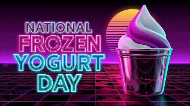 80s synthwave retro-futuristic illustration for "National Frozen Yogurt Day", neon glowing text in hot pink and cyan on deep purple gradient background