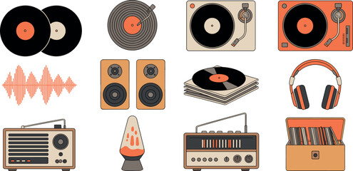 Retro music equipment collection featuring vintage vinyl records turntable player speakers radio headphones and lava lamp icons for nostalgic audio design © Md