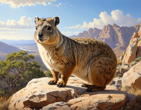 A fluffy, brown rock hyrax sits proudly on a sunlit rock, overlooking a vast mountain range under a blue sky