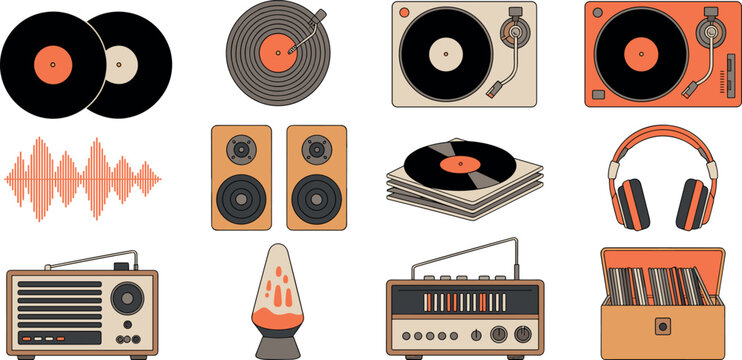 Retro music equipment collection featuring vintage vinyl records turntable player speakers radio headphones and lava lamp icons for nostalgic audio design