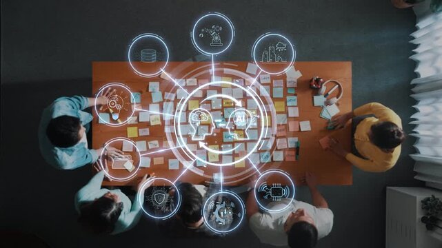 A top view of a collaborative brainstorming session where diverse individuals engage with sticky notes, representing innovation and effective teamwork in a modern workspace. Raster