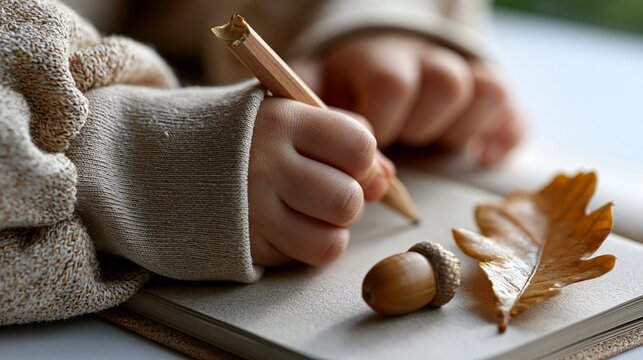 Eine Kinderhand h&auml;lt einen goldenen Stift &uuml;ber einem Notizbuch, neben einem Eichenblatt und einer Eichel auf dem Tisch.
