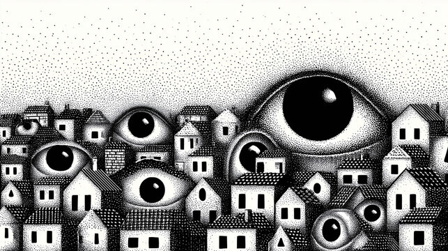 City Filled with Giant Transparent Eyes Watching Every Street and Window - Surveillance State and Loss of Privacy, Black and White Ink Illustration

