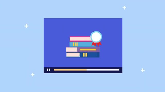 Online education platform animation with student graduate and educational icons in video player.