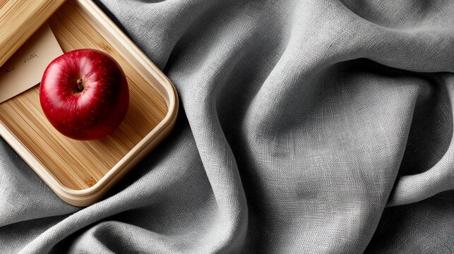 Ein roter Apfel liegt in einem hellen Holztablett auf gefalteten beige-cremefarbenen Leinenstoff.