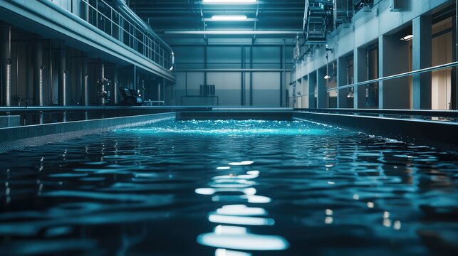 Industrial facility featuring an advanced water treatment system with a large pool of bubbling water, highlighting modern purification technology and environmental clean energy processes