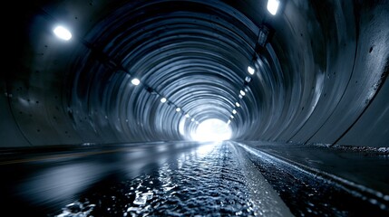 Fototapeta premium Breiter moderner Straßentunnel mit Beleuchtungsstreifen an der Decke und nasser Fahrbahn in Perspektivansicht.