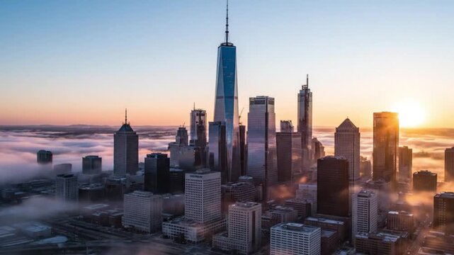 New York City Skyline Sunrise Over Foggy Manhattan Financial District Oone World Trade Center
